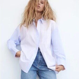 ZARA Blue and Beige Oversized Patchwork Shirt Size XS NWT